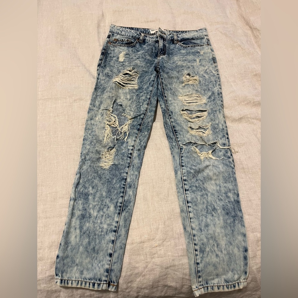 Garage Women's Boyfriend Jeans - Light Acid Wash Blue with Distressed Rips